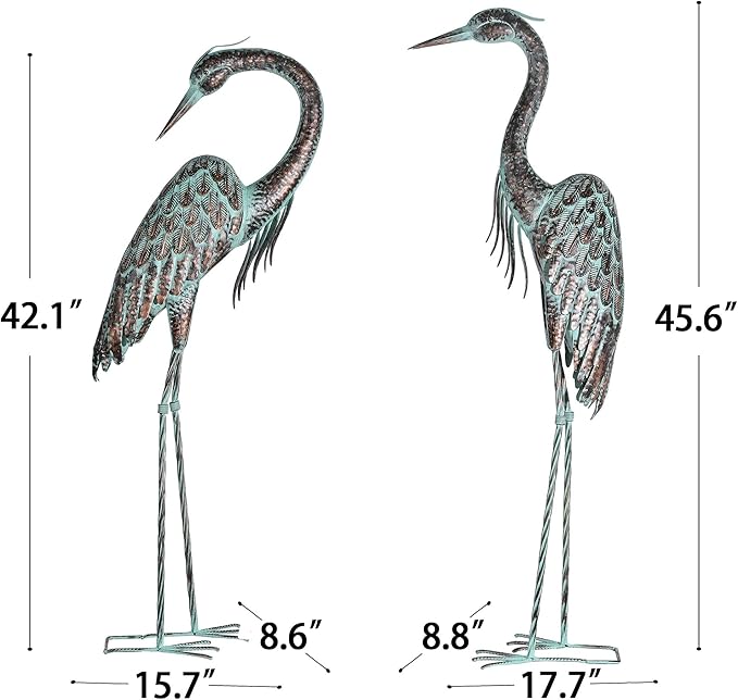 Kircust Garden Crane Statues, Standing Metal Patina Heron Decoy Outdoor Statue, 42-46 Inch Bird Yard Art for Patio Lawn Pond, Set of 2