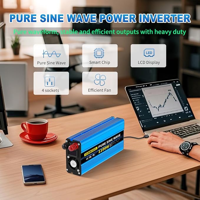 SUNWHEEL 1100 Watt Pure Sine Wave Inverter, Solar Power Inverter, 12V DC to 110V AC Converter for RV, Home, Truck, Coffee Maker, Washer, TV, Fridge, Solar Power Pack with 2 AC Outlets and LCD Display