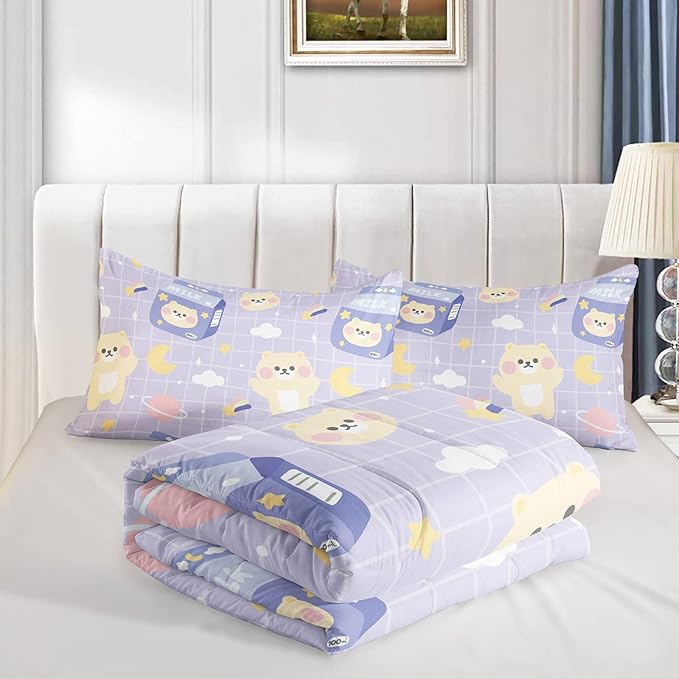 Bear Comforter Full Size,Kawaii Comforter Set for Kids Teens Girls,3Pcs Bedding Set Printed Comforter with 2 Pillowcases,Down Alternative,Soft and Lightweight(Purple，Full Size)
