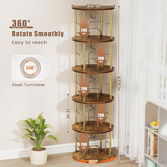 5 Tier Rotating Bookshelf, 360 ° Display Stackable Spinning Bookshelf Tower, Narrow Space Saving Tall Floor Standing Swivel Bookcase Corner Storage Organizer for Bedroom, Living Room, Gold
