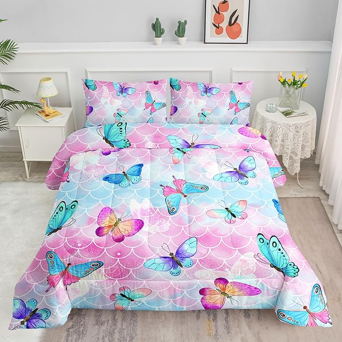 Datura home Kids Comforter Set Mermaid Scale Butterfly Printed Pattern Bedding Set with 1 Comforter and 2 Pillowcases for Girls Boys Bedroom All Season(Mermaid Twin)