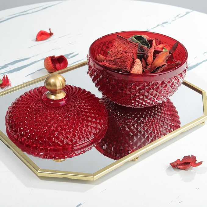 Joeyan 12 oz Small Red Glass Jewelry Box Jars with Lid,Embossed Glass Candy Dishes,Diamond Faceted Food Container,Decorative Apothecary Canisters,Colored Kitchen Bathroom Buffet Storage Organizer