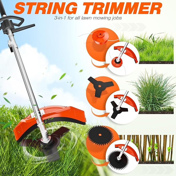 6 in 1 52cc Brush Weed Cutter Petrol Hedge Trimmer Grass Pruner Chainsaw Trimmer with Four Mowing Heads for Gardening Care