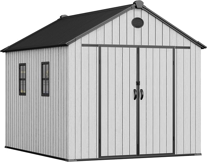 YITAHOME 8x10 FT Outdoor Storage Shed with Floor, Plastic Garden Shed for Bikes, Tools, Supplies, Waterproof Resin Shed with Lockable Doors, 2 Windows & 2 Vents for Patio, Backyard, 556 cu. Ft., Gray