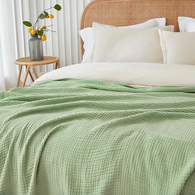 EMME Cotton Blanket Twin XL for Bed Soft Muslin Blankets 66"x90" Lightweight Breathable Layering Bedspread Coverlet All Season Gauze, Sage Green
