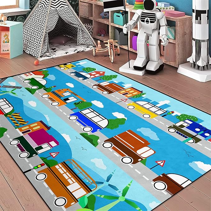 Car Carpet for Kids Kids Rugs for Playroom Car Track Rug Road Rug for Kids Car Play Rug Road Carpet for Toy Cars Car Track Rugs for Boys Car Rug for Boys Room 4'5''×6'