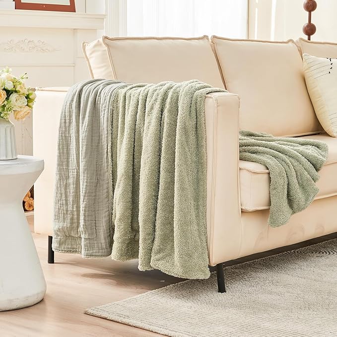 EMME Muslin and Fleece Twin Blanket Reversible - 60"*80" Sage Green Soft Warm Throw Blankets for Couch Bed Picnic Travel Bed