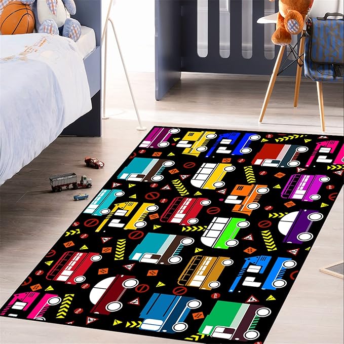 Car Play Mat Kids Rugs for Playroom Car Track Rug Kids Mat Construction Play Mat Car Play Rug Car Carpet for Kids Carpet for Bedroom Truck Rugs for Boys Room,Black 4'5''×6'