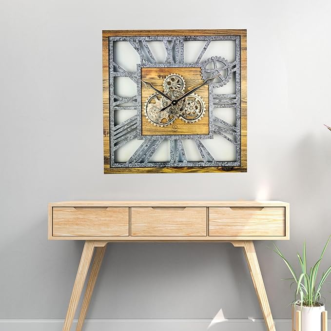 The Gears Clock 24'' Inch Square Real Moving Gear Wall Clock Vintage Industrial Oversized Rustic Farmhouse (Wood and Stone)