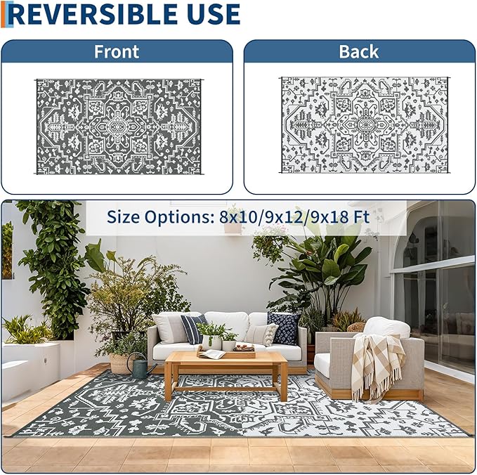 Outdoor Rug 8x10 Waterproof Reversible Plastic Straw Mat, UV-Resistant Vintage Medallion Camping Carpet for Patio, Deck, Balcony, Picnic, Large Outside Floor Mat, Grey White