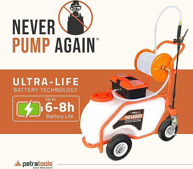 PetraTools 14 Gallon Push Cart Battery Powered Sprayer - Weed Sprayer for Lawn & Garden with 7 Nozzles, 90 PSI Electric Pump, Off Road Wheels, Battery Operated (HD14000 Prime - Large Cart)
