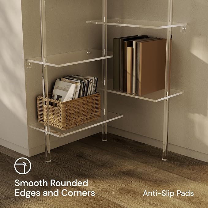Acrylic Corner Bookshelf, Wall Mounted, 10-Tier L Shaped Bookshelf with Open Shelves, Multipurpose Clear Ladder Bookcase for Living Room, Bathroom, Office, Modern, 73.6" H