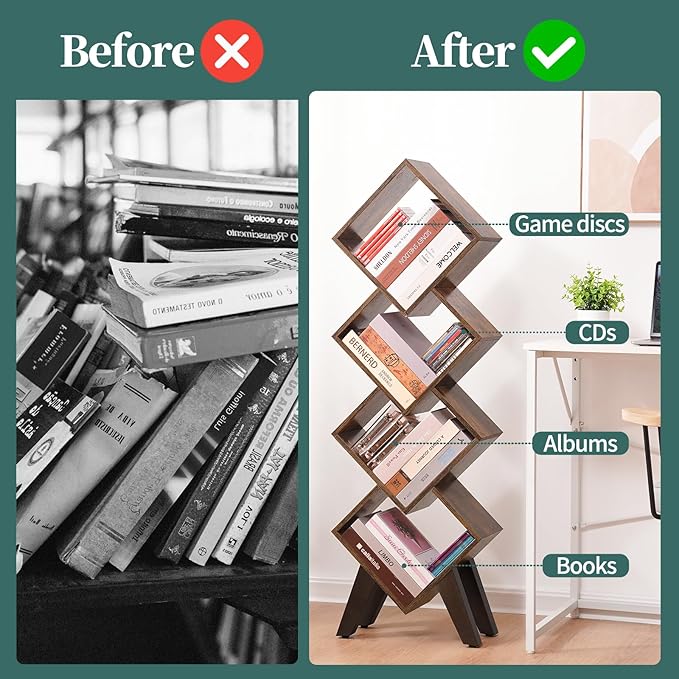 Yoobure Small Bookshelf, Tall 4-Tier Book Shelf, Wood Bookcase Book Organizer, Industrial Bookshelves Floor Standing for CDs/Books in Small Spaces, Bedroom, Living Room, Home Office