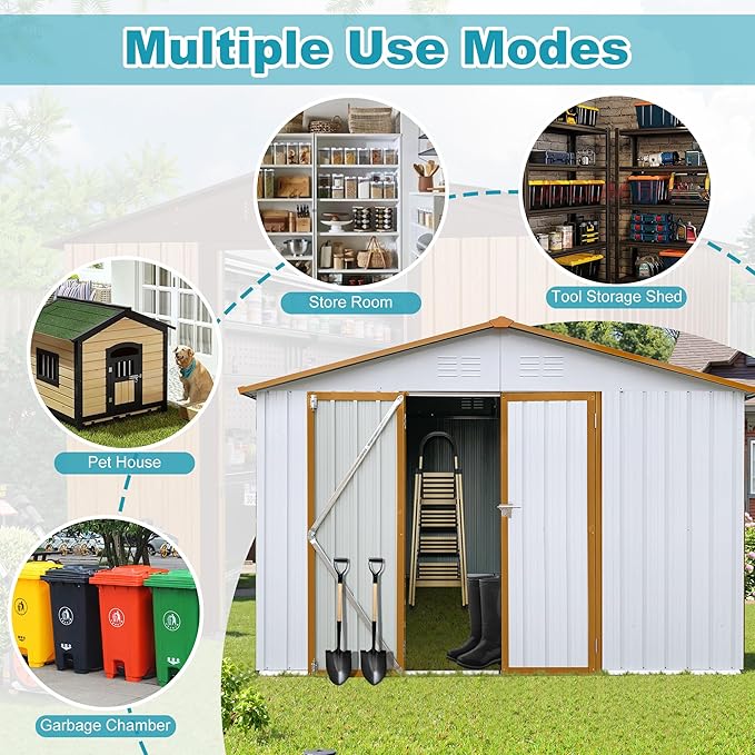 Sheds & Outdoor Storage 12 ft × 10 ft Storage Shed Large Classic Apex Roof Metal Garden Storage Sheds with Hinged Door Tool Cabinet for Backyard, Patio, Poolside, White + Yellow