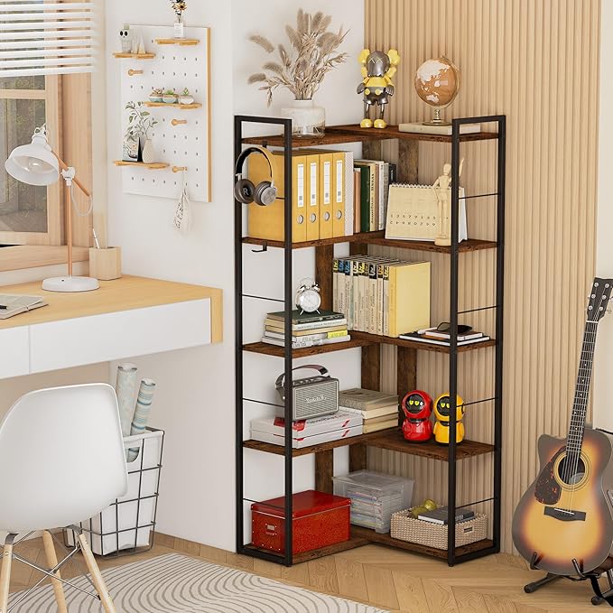 5 Tier Bookshelf Wood Bookcase with 2 Hooks Modern Corner Bookshelf Library Industrial Shelving Book Case Adjustable Book Shelves for Bedroom Living Room Home Office Rustic Brown