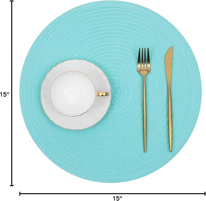 SHACOS Round Placemats Set of 6 Washable 15 inch Round Table Mats Cotton Polyester Woven Braided Place Mats for Dining Table (Aqua, 6)