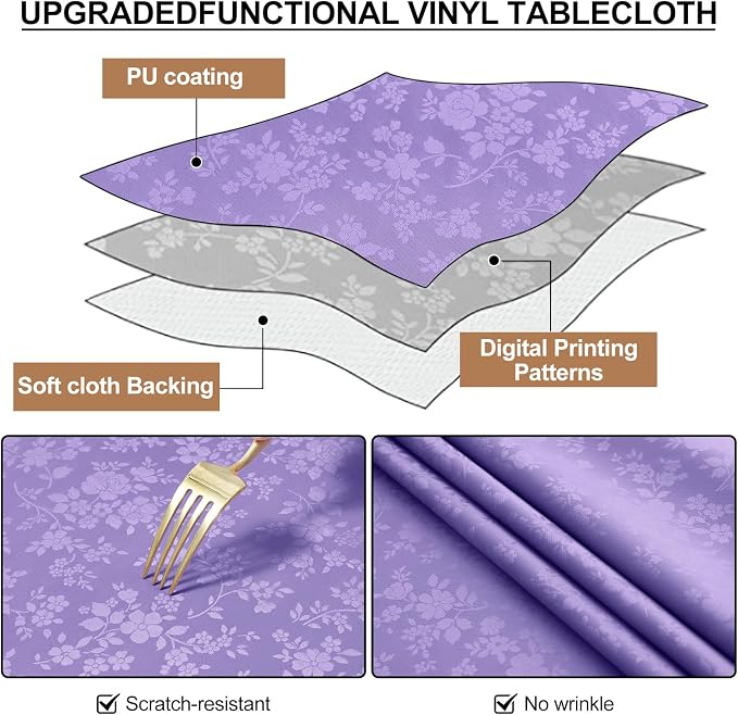 Smiry Rectangle Waterproof Heavy Duty Vinyl Tablecloths, 60 x 120 Inch | Wipeable Washable Floral Embossed Table Cover for Kitchen and Dining Room, Indoor & Outdoor Use, Purple