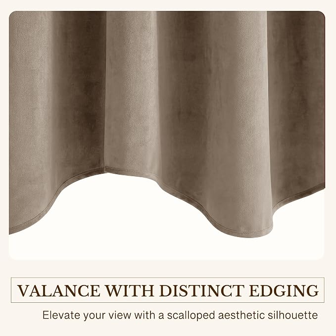 Camel Beige Scalloped Valance Curtains 52x18 Inch 1 Panel | Premium Velvet Wavy Short Curtains for Kitchen Windows, Neutral Home Decor Window Treatment for Farmhouse