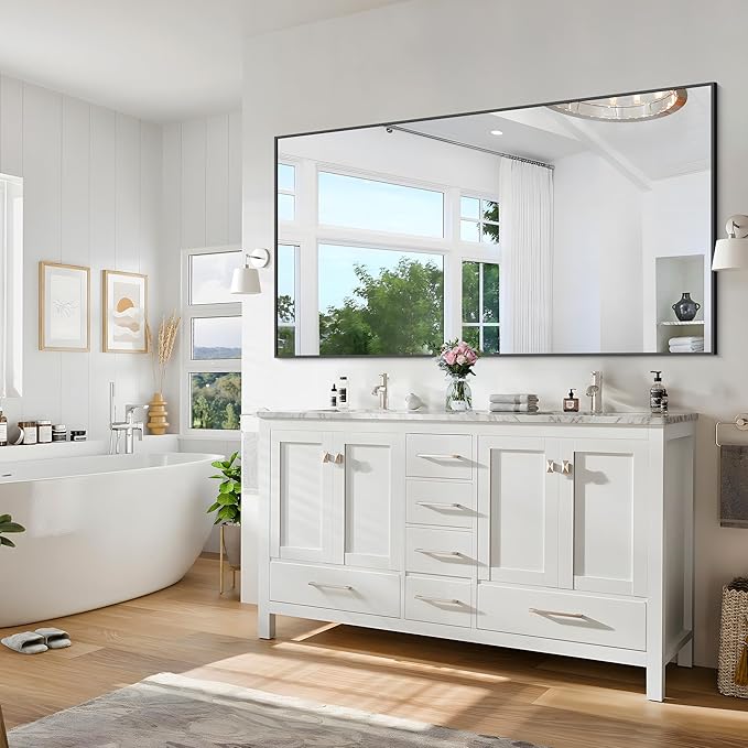 Black Bathroom Mirror for Wall, 60x36 Inch Rectangle Mirrors with Metal Frame, Large Modern Vanity Wall Mirror for Bathroom Living Room, Entryway Hangs Horizontal or Vertical