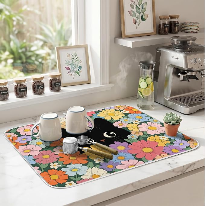 Black Cat Floral Dish Drying Mat for Kitchen Counter Coffee Bar 18x24 in | Non Slip Absorbent Kitchen Dishes Drainer Mat, with Anti-slip Rubber Backing & Hanging Loop, Decor for Sink, Cat Theme Gifts