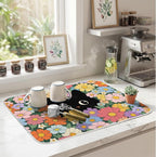 Black Cat Floral Dish Drying Mat for Kitchen Counter Coffee Bar 18x24 in | Non Slip Absorbent Kitchen Dishes Drainer Mat, with Anti-slip Rubber Backing & Hanging Loop, Decor for Sink, Cat Theme Gifts