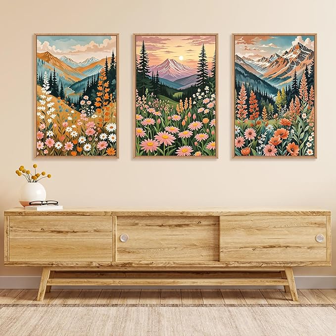 HPINUB Mountain Sunset Floral Framed Canvas Wall Art Set,Colorful Wildflower Daisy Flower Wall Decor,Boho Blossom Botanical Artwork Modern Nature Landscape Art Print for Living Room,Bedroom-24 x36 x3