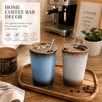 2 Pack Ceramic Coffee Mug with Sip Hole, Retro Espresso Cup 13 oz with 2 Straws and 2 Cleaning Brushes Ceramic Iced Coffee Tea Travel Mug Latte Cup for Kitchen Dining