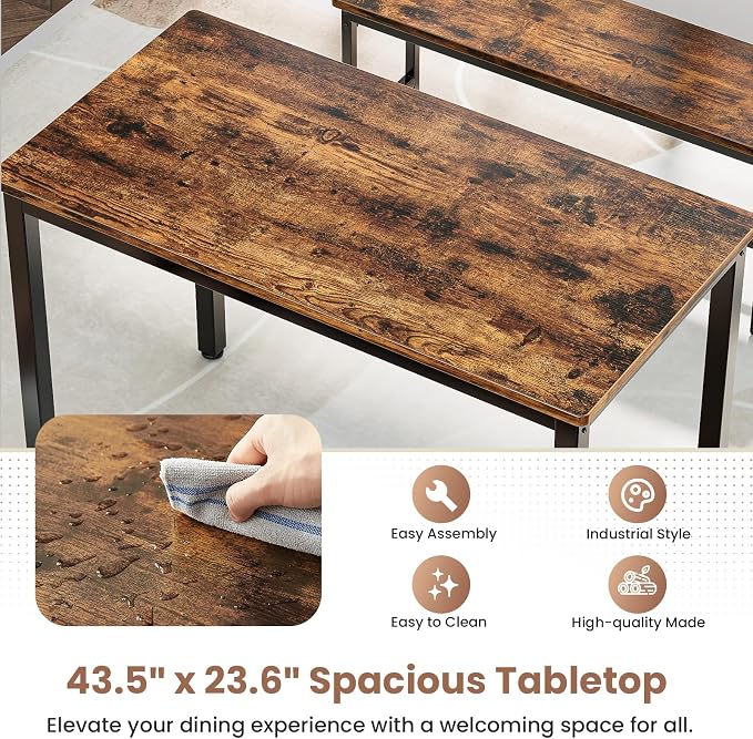 Dining Table Set for 4, Kitchen Table with 2 Benchs, Brown | Modern Functional 3 Piece Space-Saving Dining Room Table Set for Apartment, Breakfast Nook, Small Space