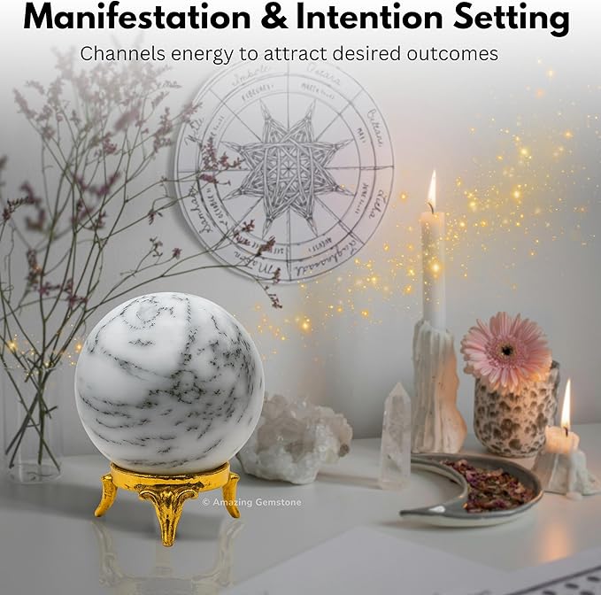 Amazing Gemstone Dendrite Opal Crystal Ball with Stand - 2 Inches Crystal Sphere Meditation Balls for Witchcraft and Decorative Balls