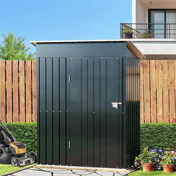 Breezz 5x3FT Vertical Outdoor Steel Storage Shed, Lockable Doors, Compact Metal Tool Shed for Garden, Backyard, Patio, Utility, and Bike Storage