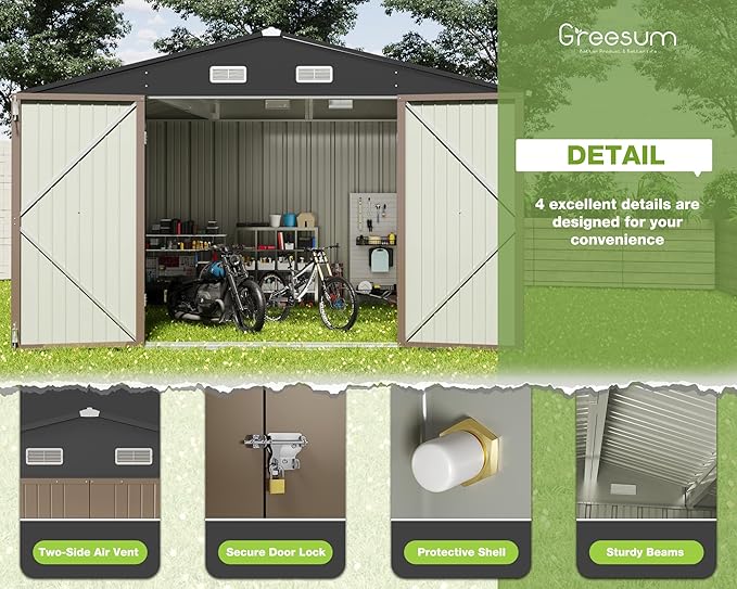 Greesum Metal Outdoor Storage Shed 10FT x 10FT, Steel Utility Tool Shed Storage House with Door & Lock, Metal Sheds Outdoor Storage for Backyard Garden Patio Lawn (10' x 10'), Brown