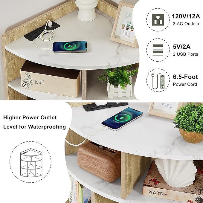Vecelo Corner Cabinet with Charging Station, 3-Tier Cube Storage Organizer with USB Ports and Outlets, Triangle Bookcases Corner Shelf with 8 Cubbies for Playroom, Bedroom, Living Room, Marble White