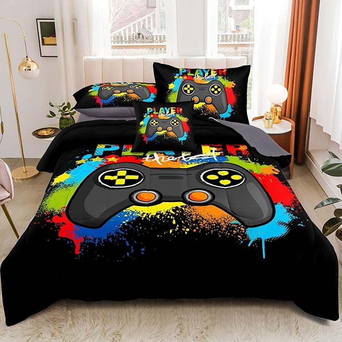 Kids Gaming Bedding Sets, 6 Piece Gamer Comforter Sets for Teens Boys Full Size for Bedroom Comforter Set Adult 3D Gamepad Microfiber Bedding Sets Fits All Season Bedding Comforter Sets