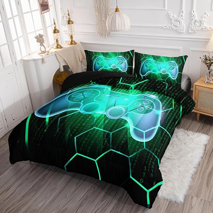 Axolotl Gamepad Comforter Set Full Size,Number Video Gaming Gamer Bedding Set,Boys Game Console Comforter Set,Geometry Hexagonal Bedding Set for Teens Men Adults,1 Quilt 2 Pillowcases,Green Black