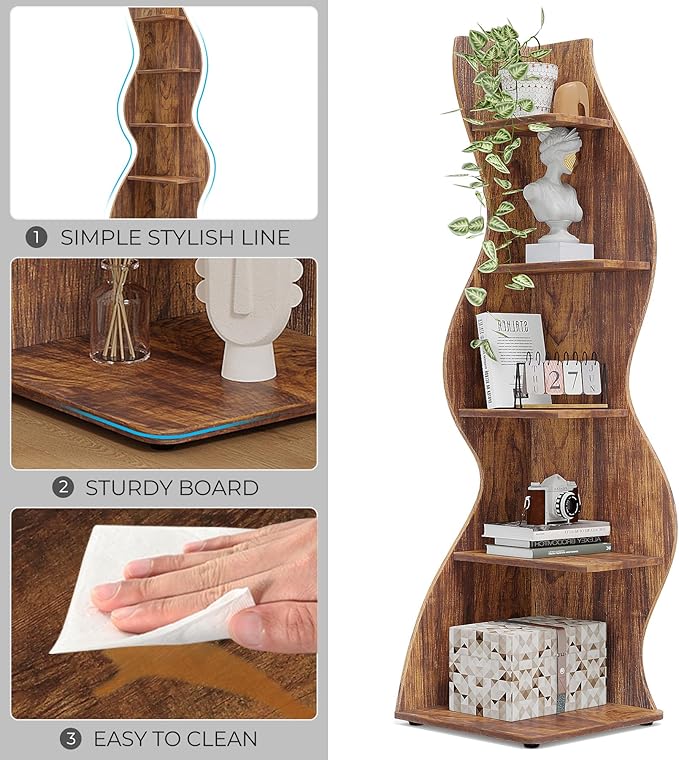Small Corner Shelf, Modern 5-Tier Wall Corner Bookshelf, Stylish Bookcase Storage Rack for Small Space,Living Room. Bedroom