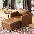 Faux Leather Single Sofa with Storage Ottoman, Modern Accent Chair Deep Seat Large Reading Armchair, Chaise Lounge Chair for Living Room Bedroom Office Brown