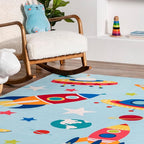 nuLOOM Eddie Outer Space Machine Washable Kids Ultra Thin Area Rug, 3' x 5', Light Blue Multi