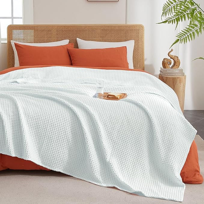 PHF Ultra Soft Waffle Weave Blanket King Size 104"x 90"- Washed Lightweight Breathable Cozy Woven Blanket for Bed - Aesthetic Decor for Couch Bedding Sofa Home Car - Ice Blue