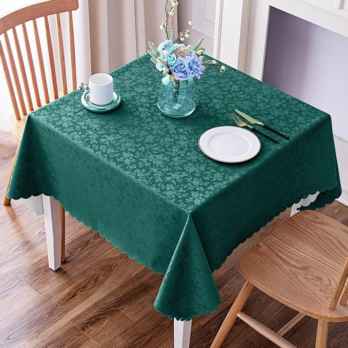 Smiry Square Waterproof Heavy Duty Vinyl Tablecloths, 54 x 54 Inch | Wipeable Washable Floral Embossed Table Cover for Kitchen and Dining Room, Indoor & Outdoor Use, Green