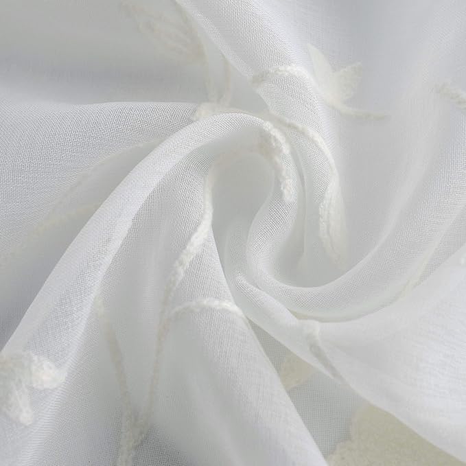 White Sheer Curtains 63 inches Length Birds Embroidered Window Treatment Curtain Sheer Voile Panels for Kitchen, Liviging Room, Bedroom, Small Windows, 42x63, Set of 2