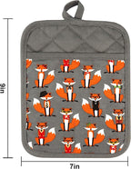 Pot Holders Set of 2 Heat Resistant 480 ℉ Non Slip Clear Silicone Printed Comfortable Cotton Lining Kitchen Women Men Cooking Baking Microwave Machine Washable (Fox, Gray Potholders)