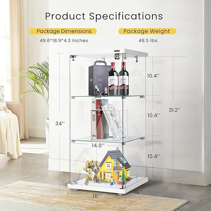 VIVOHOME 3 Layers 16''W x 16''D x 34''H Display Cabinet Showcase Countertop with Lock, 4mm Tempered Glass 25mm MDF Base