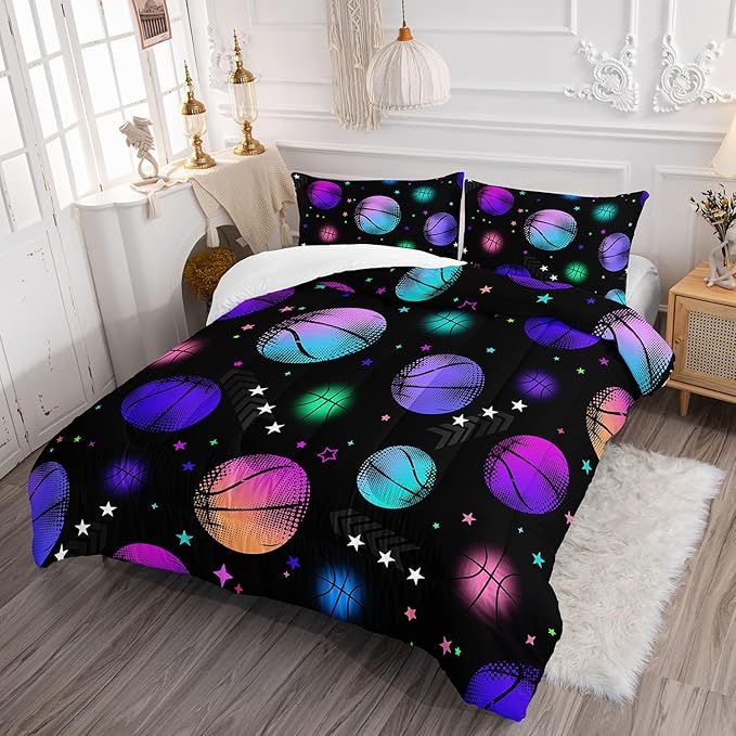 Datura home Kids Comforter Set Glowing Basketball Printed Pattern Bedding Set with 1 Comforter and 2 Pillowcases for Girls Boys Bedroom All Season(Basketball1 Full)