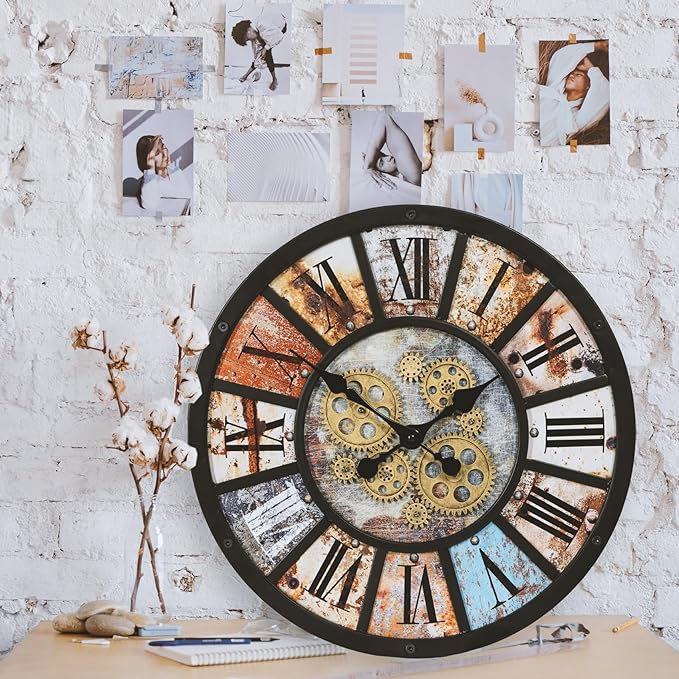 Unique Moving Gear Extra Large Wall Clock 21"-Battery Powered. Retro Industrial Steampunk Country Farmhouse Decor for Living Room, Kitchen,Bars, Restaurants, cafes, Offices(Black- 21")