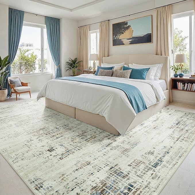 9x12 Washable Area Rug for Living Room Bedroom: Non-Slip Modern Gray White | Machine Washable TPR Backing, Stain-Resistant Low Pile, Pet & Kid Friendly, Abstract Decor for Dining Room, Dorm, Home Office