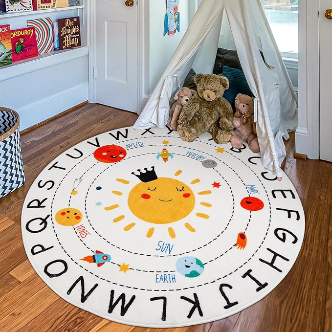 ABC Kids Rug,4 ft Washable Nursery Rug,Soft Plush Educational Circle Rug,Non-Slip Solar System Alphabet Rug for Classroom playroom Bedroom Kids Room Decor