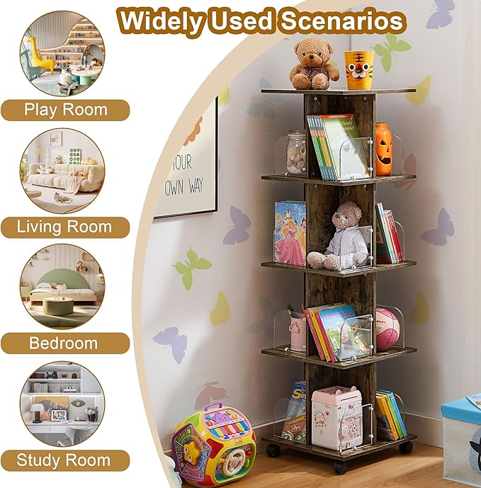 VECELO Rotating Bookshelf with Brake Wheels, 360°Display 4 Tier Floor Stackable Spinning-Bookshelf Tower for Kids&Adults, Revolving Bookcase for Small Space,Corner(Brown)