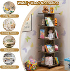 VECELO Rotating Bookshelf with Brake Wheels, 360°Display 4 Tier Floor Stackable Spinning-Bookshelf Tower for Kids&Adults, Revolving Bookcase for Small Space,Corner(Brown)