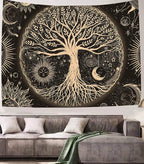 FORATER Tree of Life Tapestry Wall Hanging Sun Moon Stars Tapestries Aesthetic Galaxy Wall Tapestry Nature Home Decoration for Living Room Bedroom(36 x 48 Inch, Black and Gold)