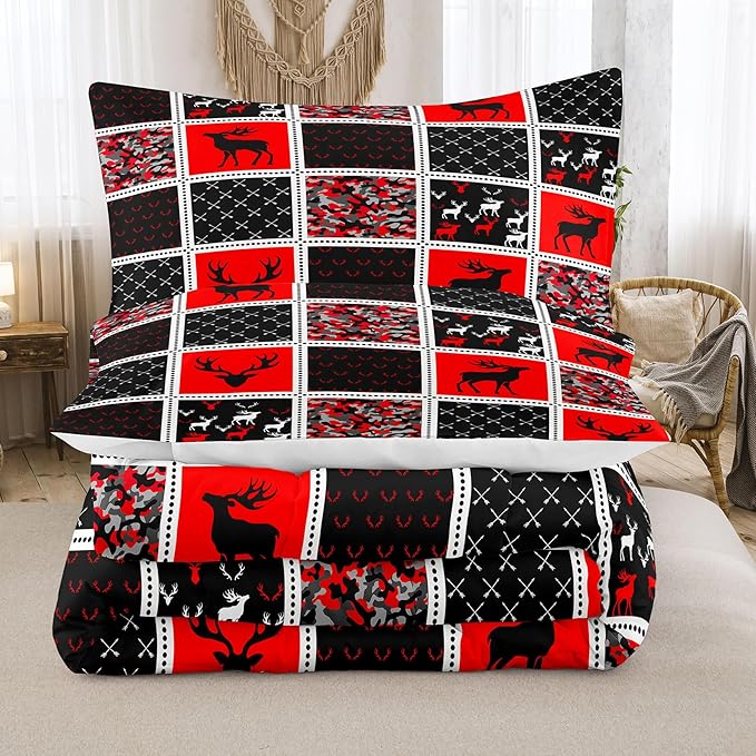 Tailor Shop Deer Comforter Sets for Kids Boys Teens Camo Comforter Sets King Red and Black Bedding Set Room Decor with 2 Pillowcase